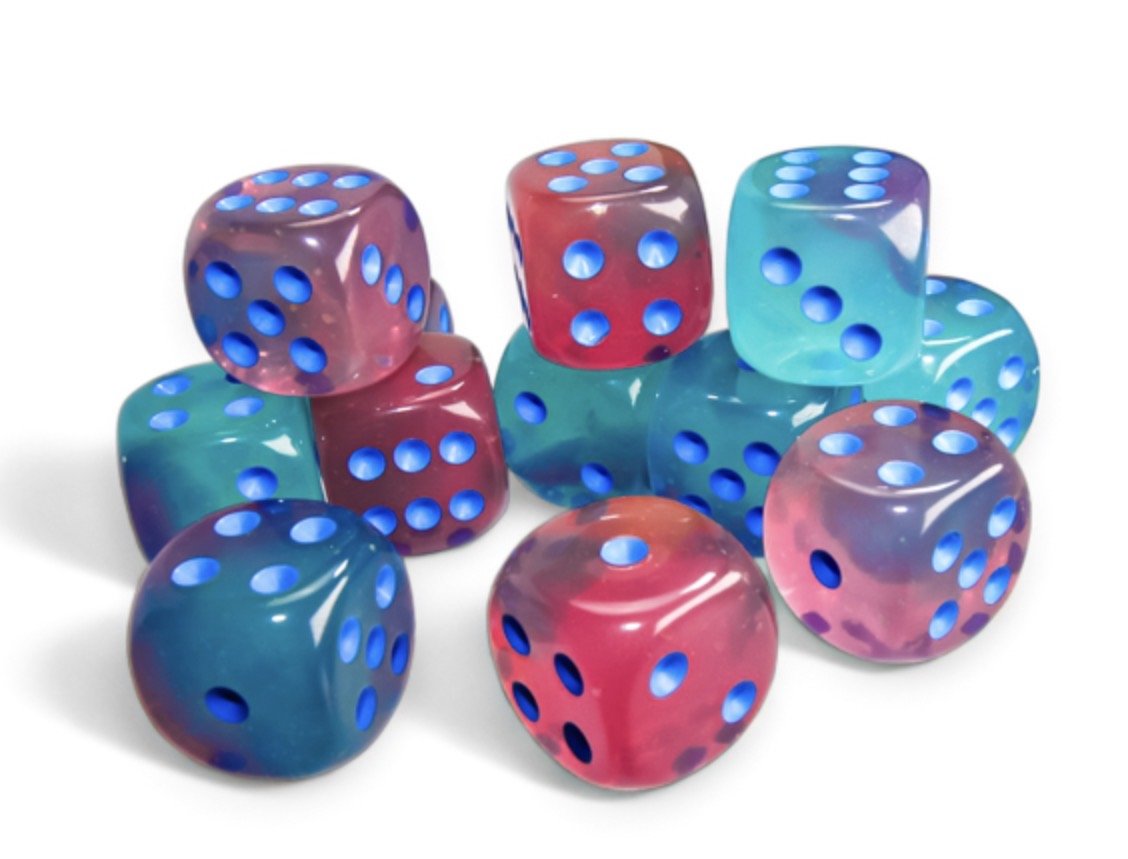Gemini Gel Green-Pink/blue Luminary 16mm d6 Dice Block (12 dice) - Chessex