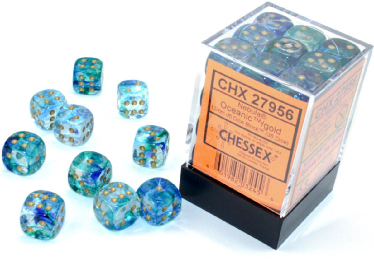 Nebula Oceanic/gold Luminary 12mm d6 Dice Block (36 dice) - Chessex