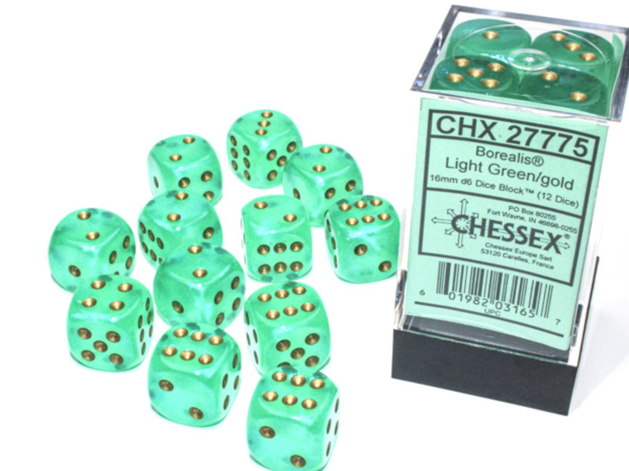 Borealis Light Green/gold Luminary 16mm d6 Dice Block (12 dice) - Chessex