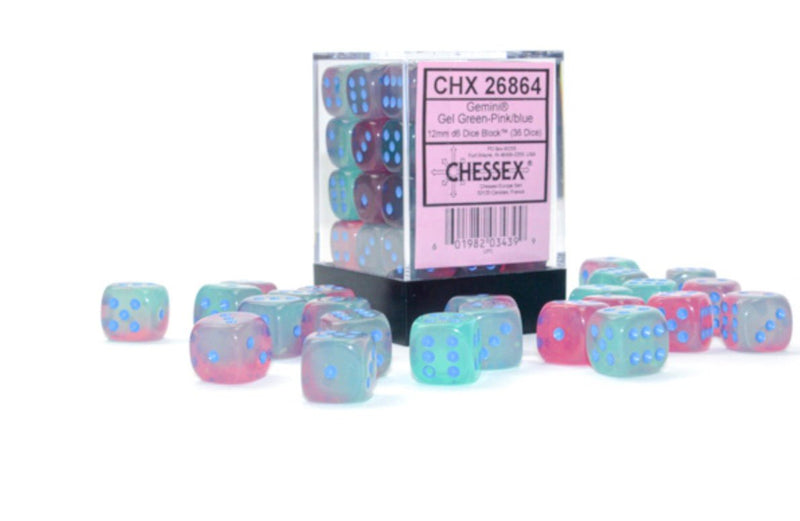 Gemini Gel Green-Pink/blue Luminary 12mm d6 Dice Block (36 dice) - Chessex