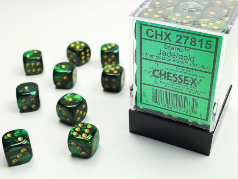 Scarab Jade/gold 12mm d6 Dice Block (36 dice) - Chessex