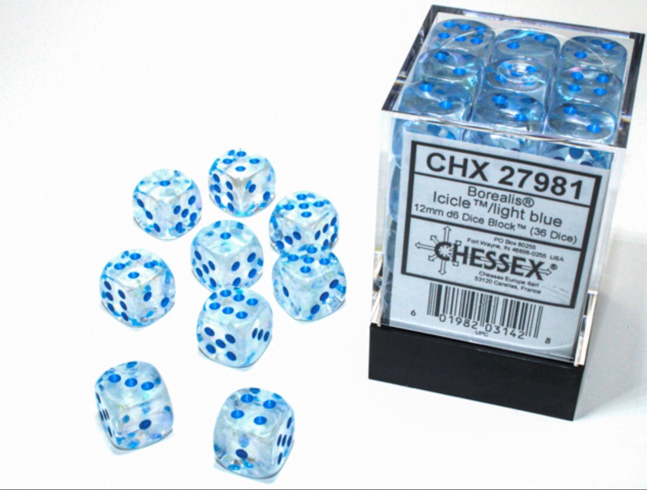 Borealis Icicle/light blue Luminary 12mm d6 Dice Block (36 dice) - Chessex