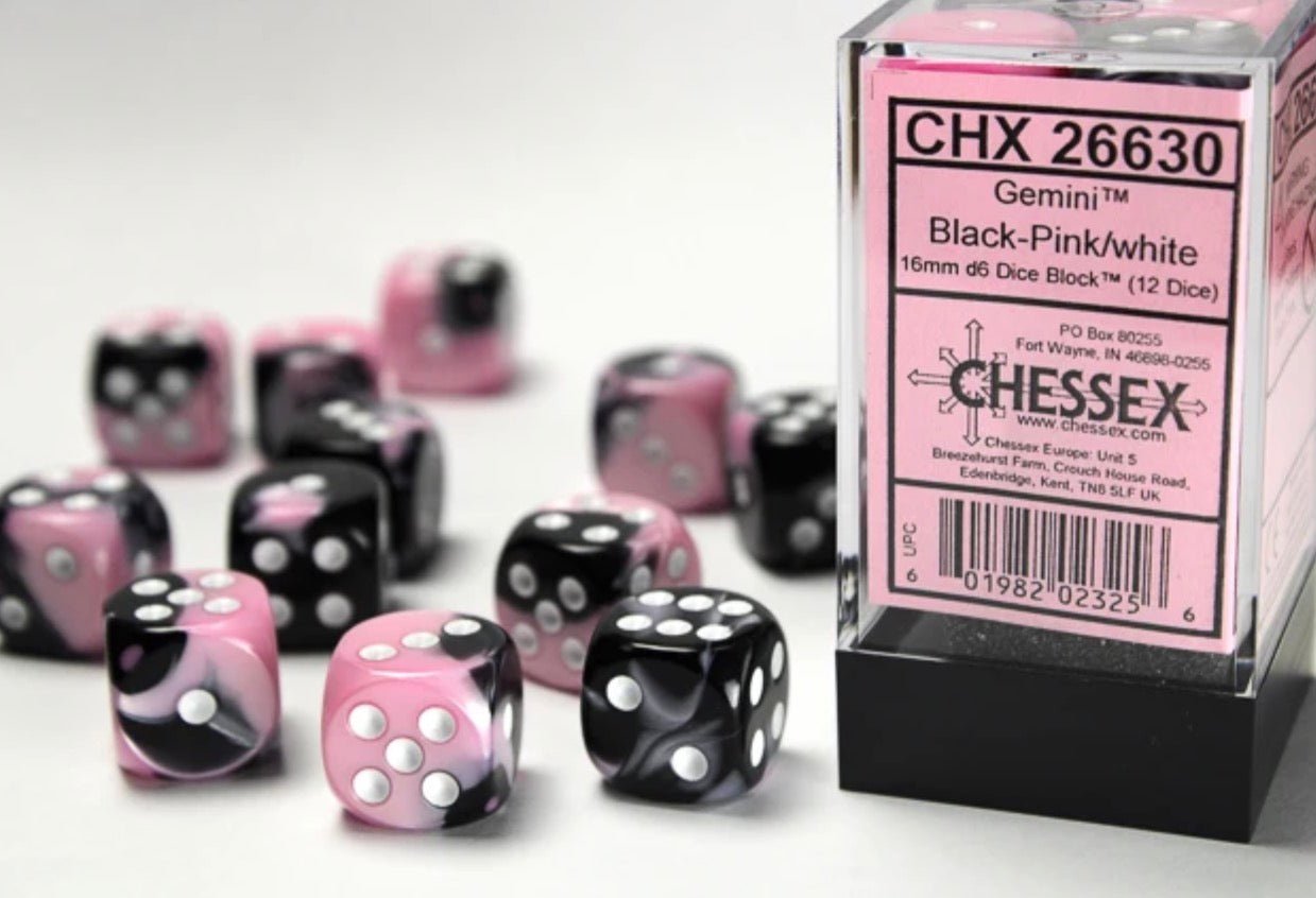 Gemini® 16mm d6 Black-Pink/white Dice Block™ (12 dice) - Chessex