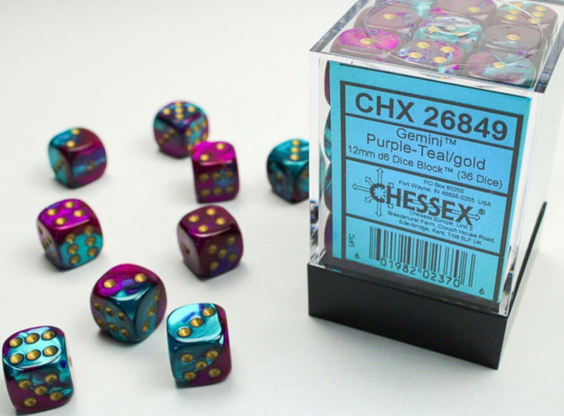 Gemini Purple-Teal/gold 12mm d6 Dice Block (36 dice) - Chessex
