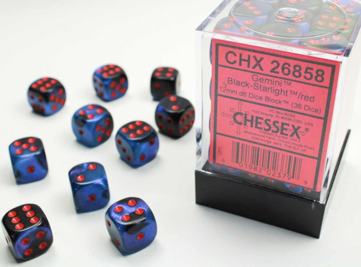 Gemini Black-Starlight/red 12mm d6 Dice Block (36 dice) - Chessex