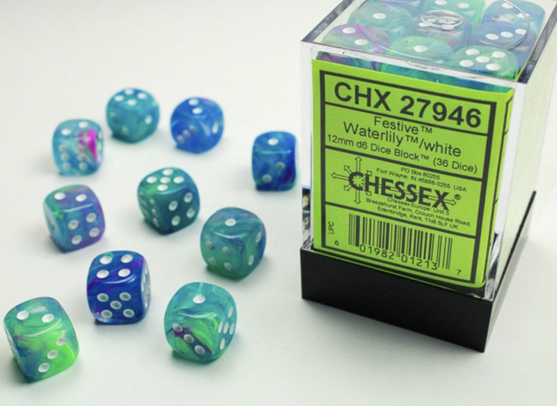 Festive Waterlily/white 12mm d6 Dice Block (36 dice) - Chessex