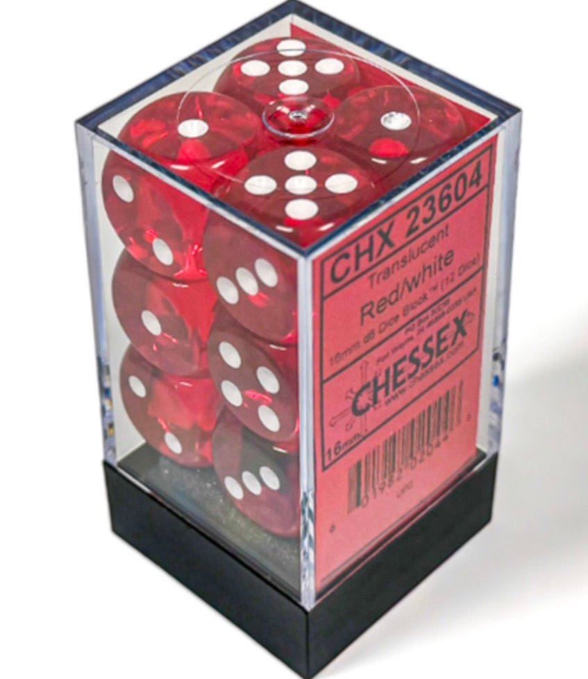 Translucent Red/white 16mm d6 Dice Block (12 dice) - Chessex