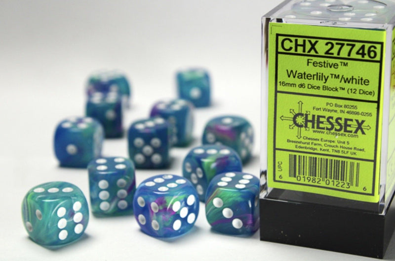 Festive Waterlily/white 16mm d6 Dice Block (12 dice) - Chessex