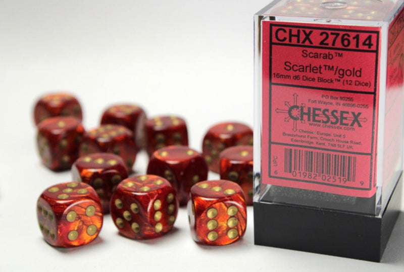 Scarab Scarlet/gold 16mm d6 Dice Block (12 dice) - Chessex