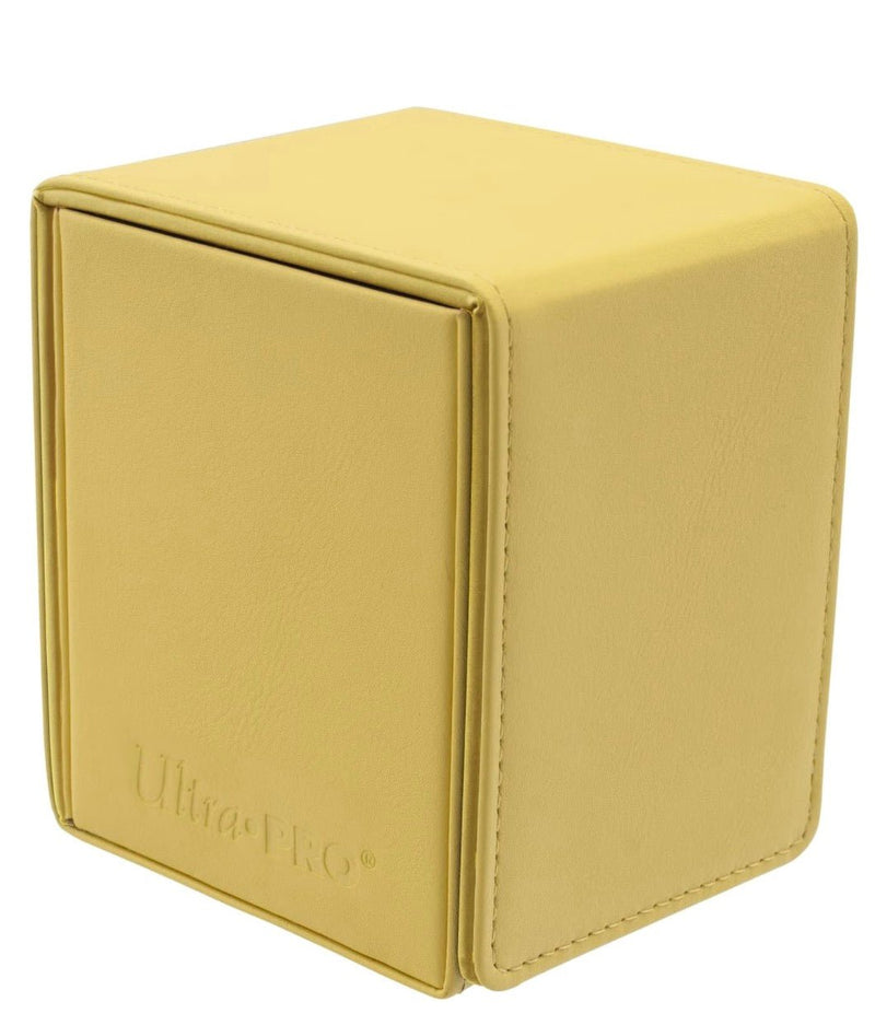 Yellow card storage box with Ultra Pro logo on a white background