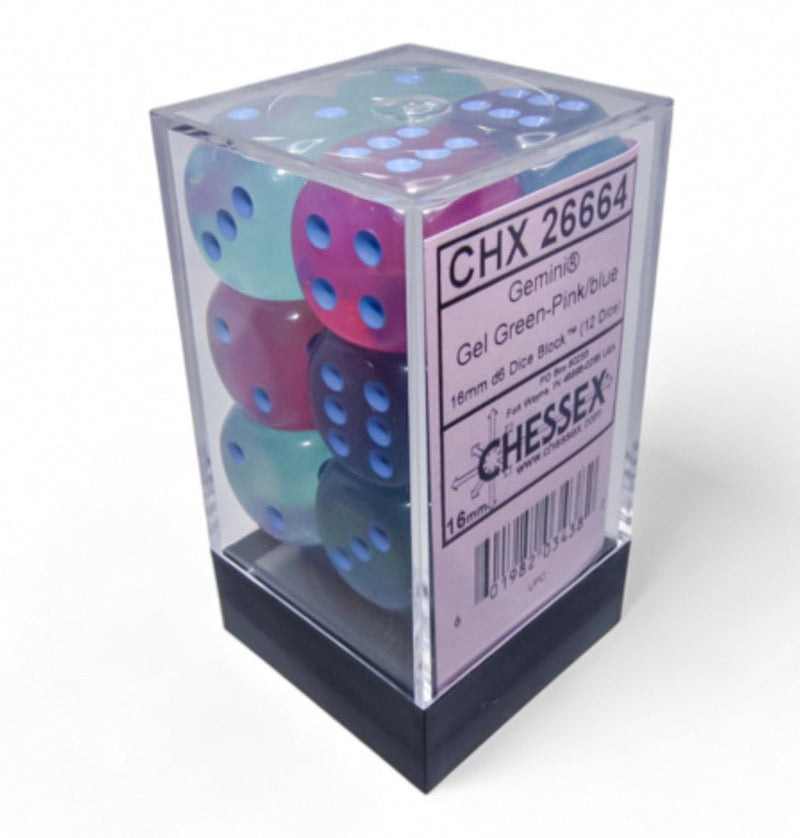 Gemini Gel Green-Pink/blue Luminary 16mm d6 Dice Block (12 dice) - Chessex