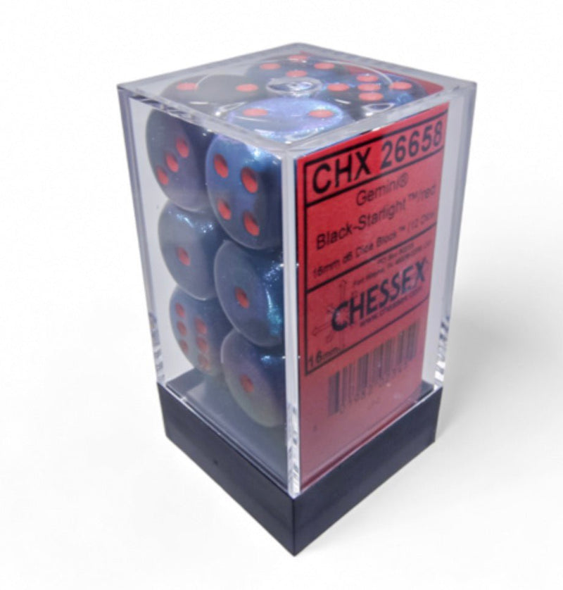 Gemini Black-Starlight/red 16mm d6 Dice Block (12 dice) - Chessex