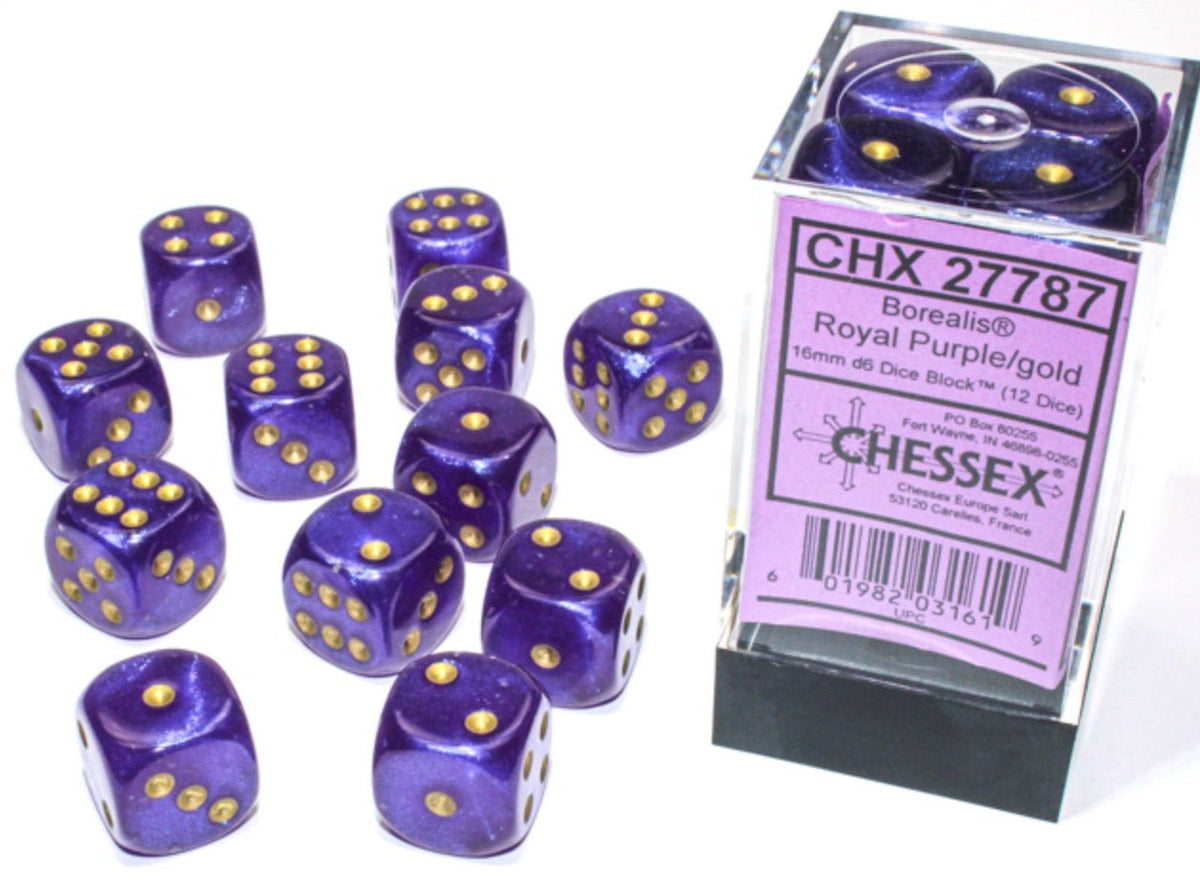 Borealis Royal Purple/gold Luminary 16mm d6 Dice Block (12 dice) - Chessex
