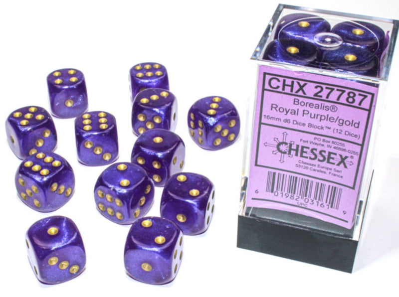 Borealis Royal Purple/gold Luminary 16mm d6 Dice Block (12 dice) - Chessex