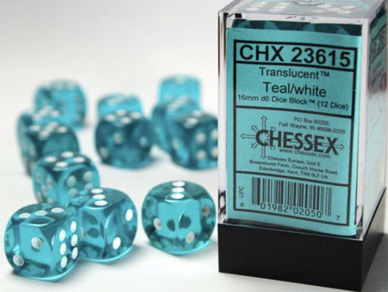 Chessex 16mm d6 Set: Translucent - Teal w/White (12) - Chessex
