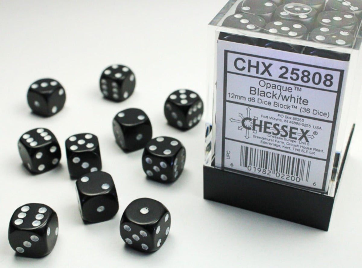Opaque Black/white 12mm d6 Dice Block (36 dice) - Chessex