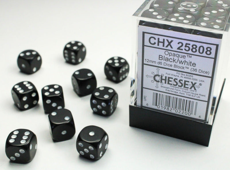 Opaque Black/white 12mm d6 Dice Block (36 dice) - Chessex