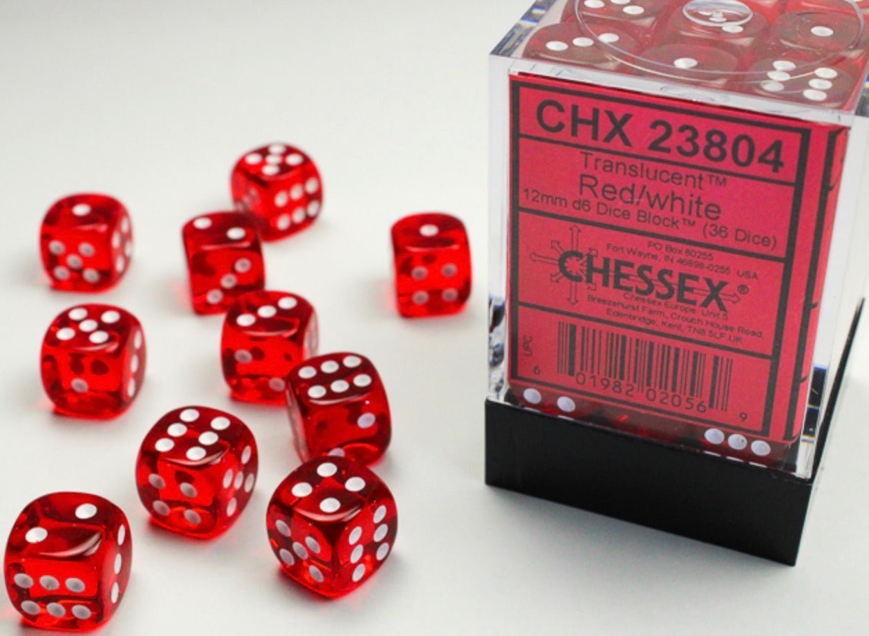 Translucent Red/white 12mm d6 Dice Block (36 dice) - Chessex