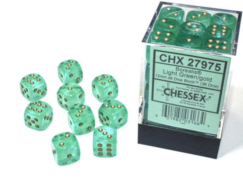 Borealis Light Green/gold Luminary 12mm d6 Dice Block (36 dice) - Chessex