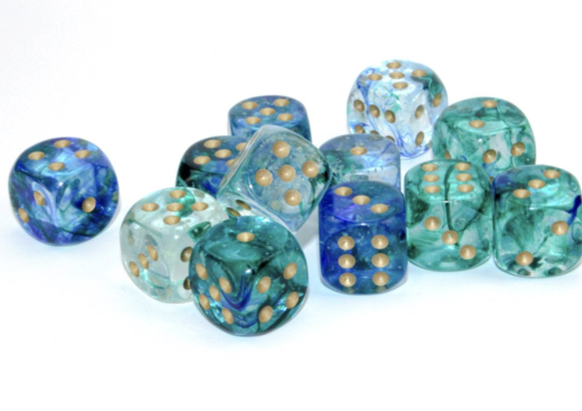 Nebula Oceanic/gold Luminary 16mm d6 Dice Block (12 dice) - Chessex