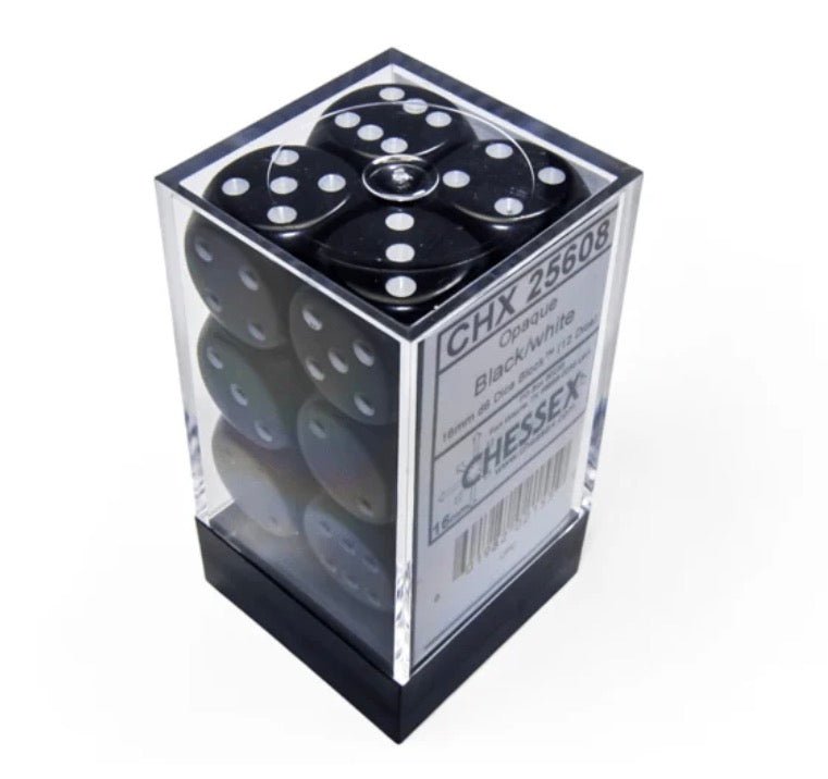 Chessex: Opaque Black/White 16mm d6 Dice Block (12 Dice) - Chessex