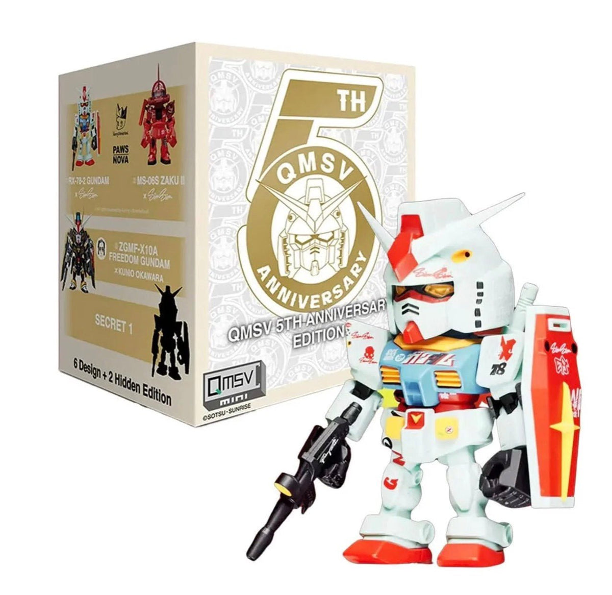 Gundam figure with QMSV 5th Anniversary Edition packaging on a white background