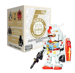 Gundam figure with QMSV 5th Anniversary Edition packaging on a white background