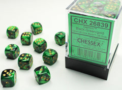 Gemini Black-Green/gold 12mm d6 Dice Block (36 dice) - Chessex