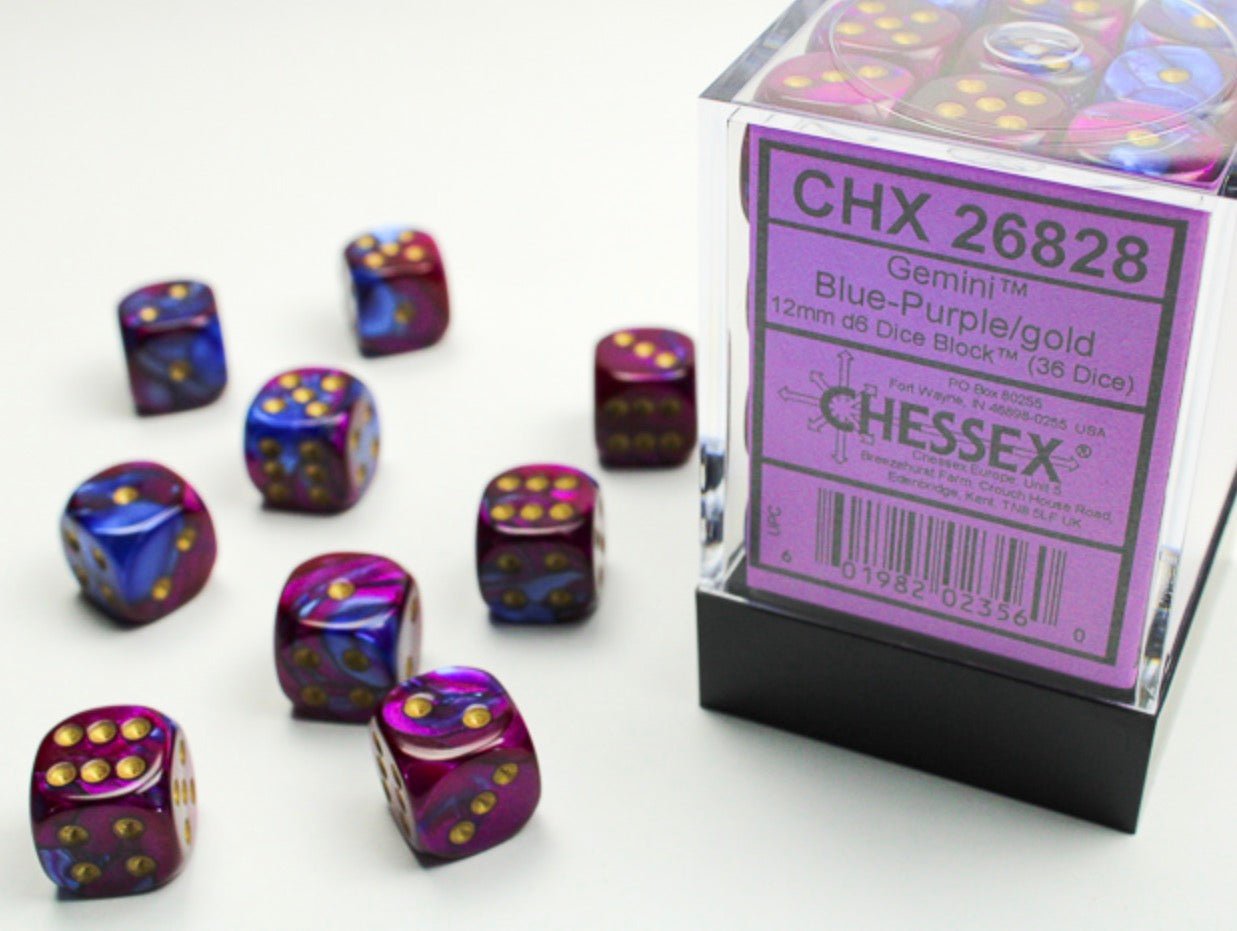 Gemini Blue-Purple/gold 12mm d6 Dice Block (36 dice) - Chessex
