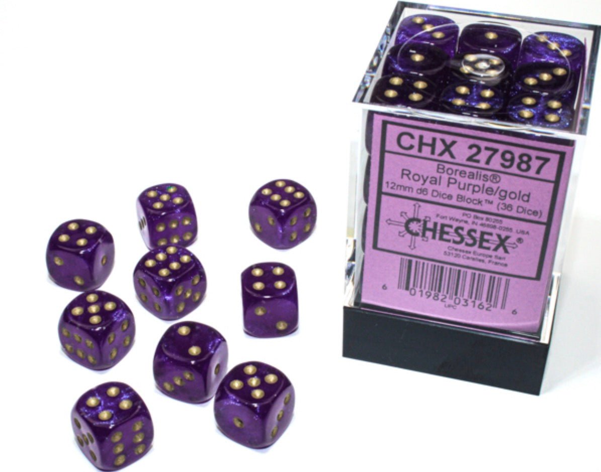 Borealis Royal Purple/gold Luminary 12mm d6 Dice Block (36 dice) - Chessex