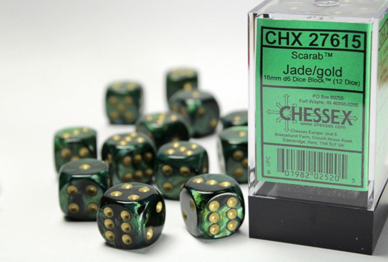 Scarab Jade/gold 16mm d6 Dice Block (12 dice) - Chessex