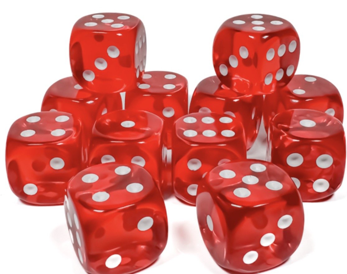 Translucent Red/white 16mm d6 Dice Block (12 dice) - Chessex