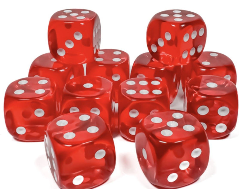 Translucent Red/white 16mm d6 Dice Block (12 dice) - Chessex