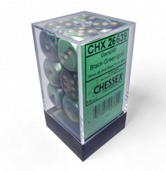 Gemini Black-Green/gold 16mm d6 Dice Block (12 dice) - Chessex