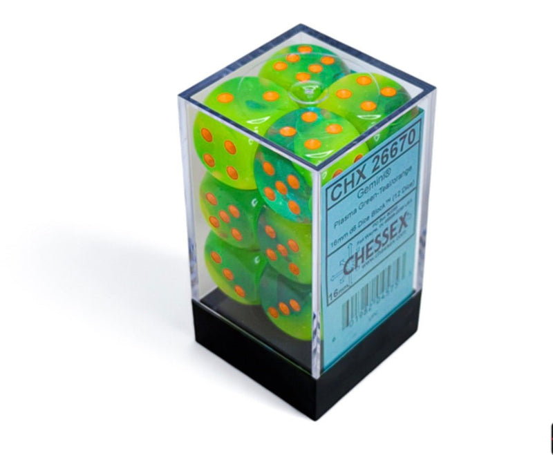Gemini Plasma Green-Teal/orange Luminary 16mm d6 Dice Block (12 dice) - Chessex