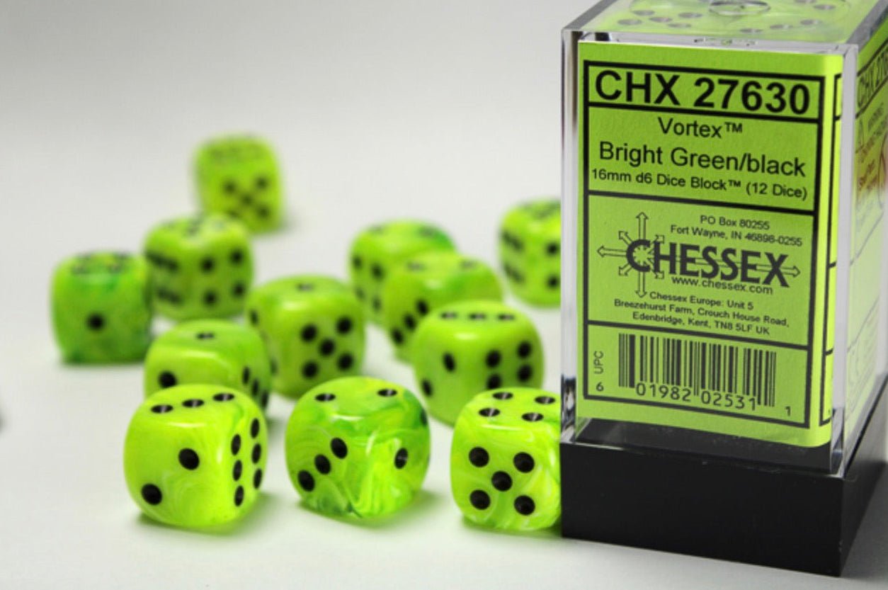 Vortex Bright Green/black 16mm d6 Dice Block (12 dice) - Chessex