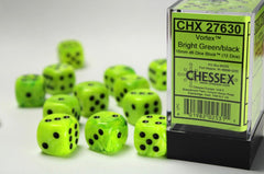 Vortex Bright Green/black 16mm d6 Dice Block (12 dice) - Chessex