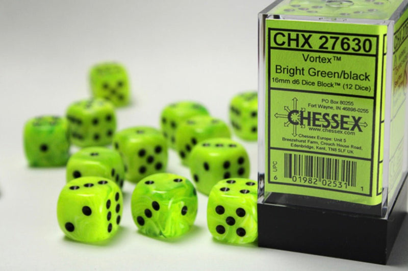 Vortex Bright Green/black 16mm d6 Dice Block (12 dice) - Chessex