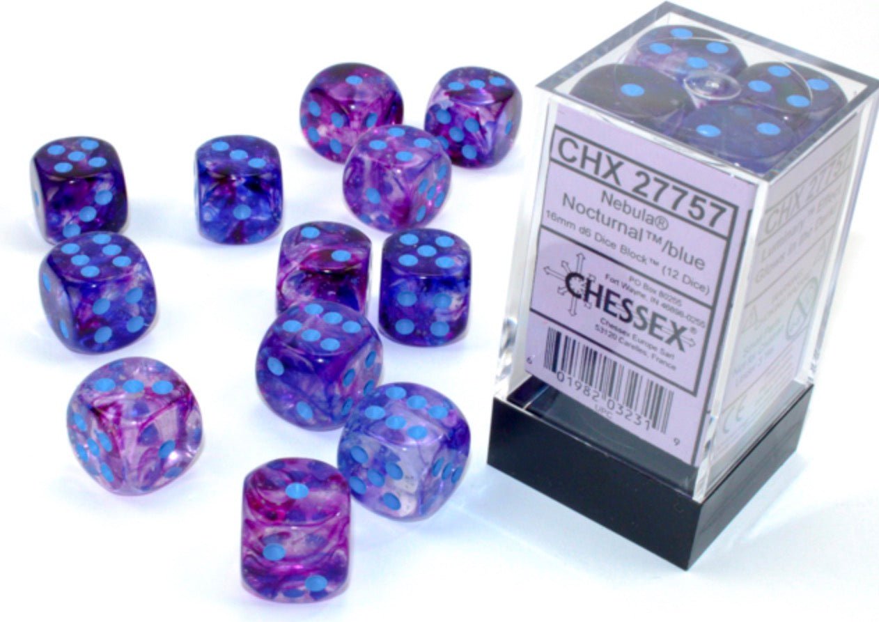 Nebula Nocturnal/blue Luminary 16mm d6 Dice Block (12 dice) - Chessex