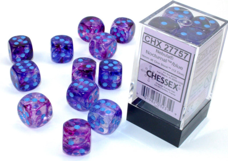 Nebula Nocturnal/blue Luminary 16mm d6 Dice Block (12 dice) - Chessex