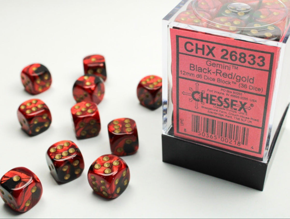 Gemini Black-Red/gold 12mm d6 Dice Block (36 dice) - Chessex