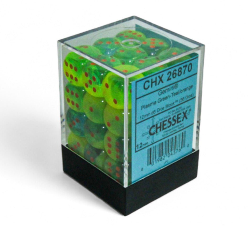 NEXT Gemini Plasma Green-Teal/orange Luminary 12mm d6 Dice Block (36 dice) - Chessex