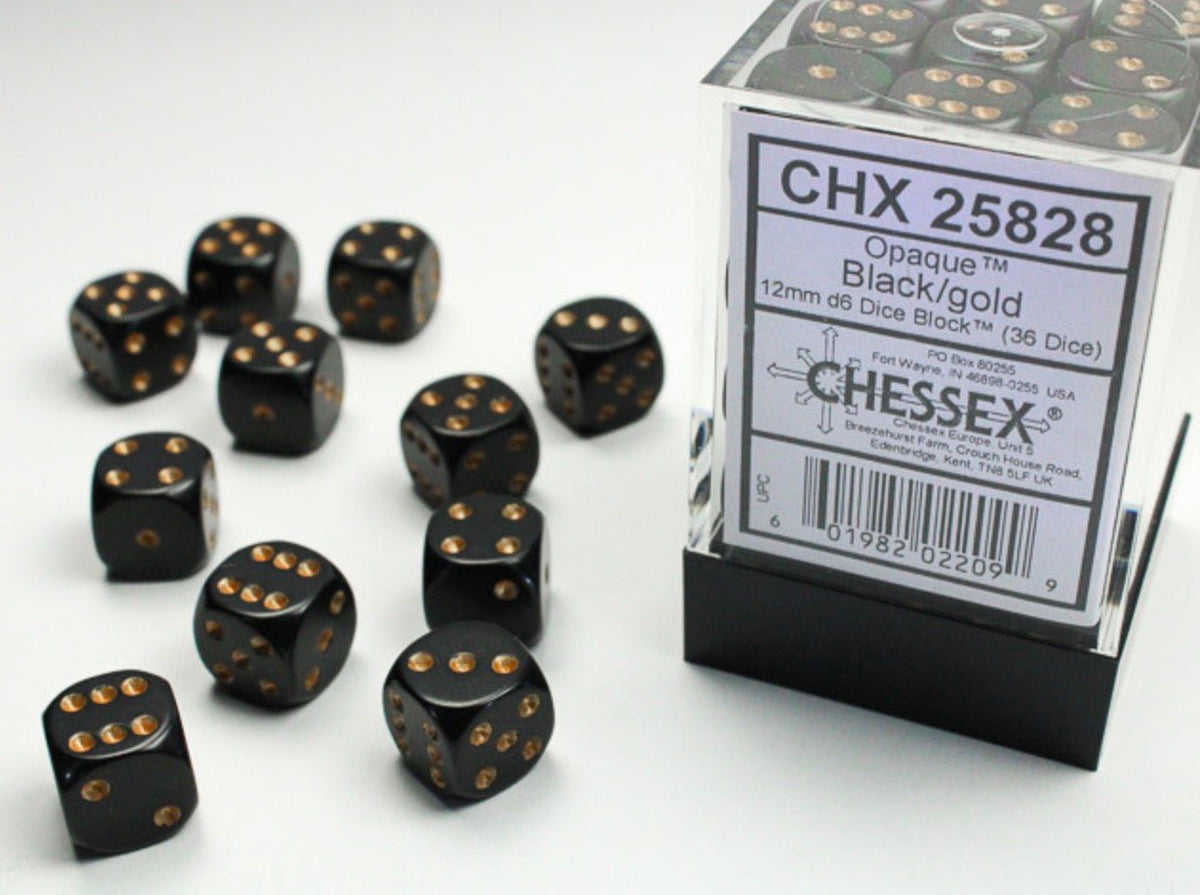 Opaque Black/Gold 12mm D6 (36 Dice) - Chessex