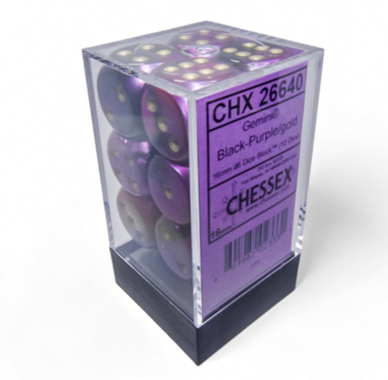 Gemini Black-Purple/gold 16mm d6 Dice Block (12 dice) - Chessex