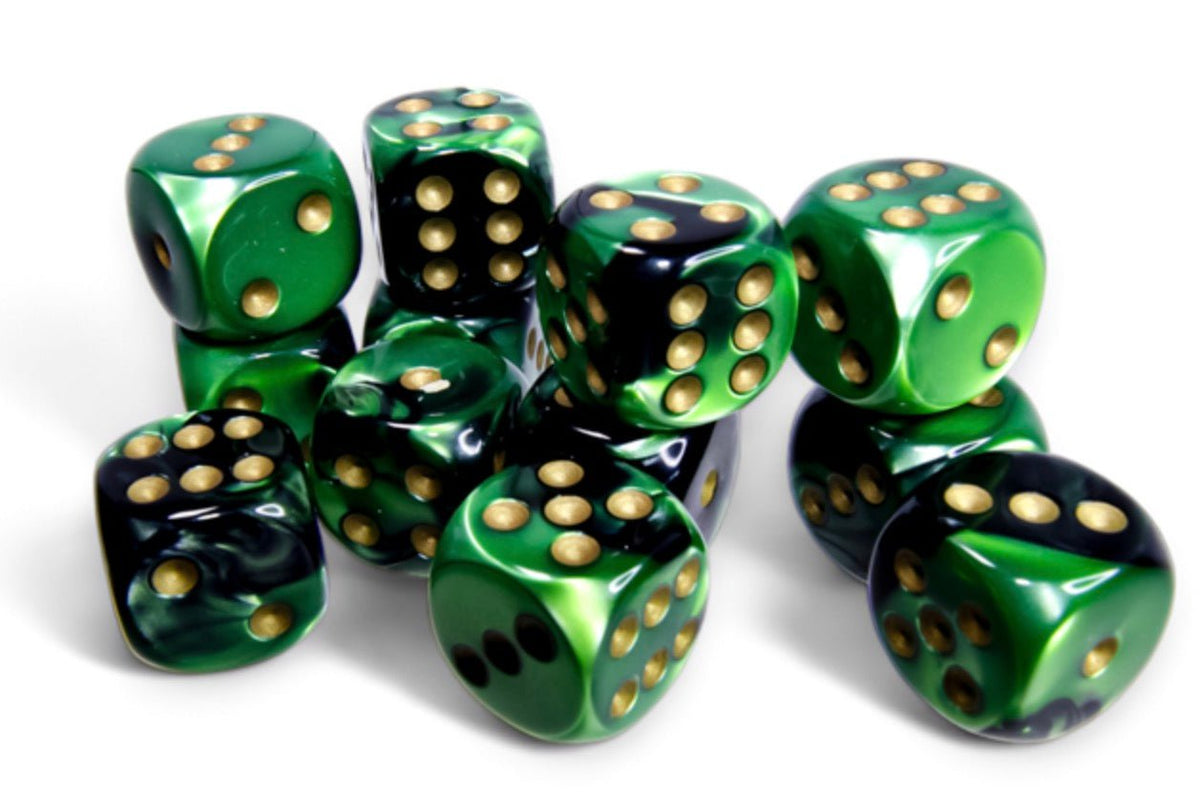 Gemini Black-Green/gold 16mm d6 Dice Block (12 dice) - Chessex