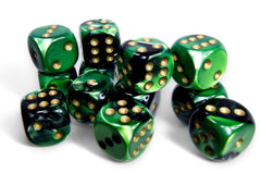 Gemini Black-Green/gold 16mm d6 Dice Block (12 dice) - Chessex