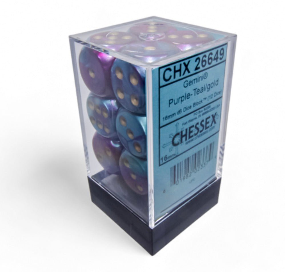 Gemini Purple-Teal/gold 16mm d6 Dice Block (12 dice) - Chessex
