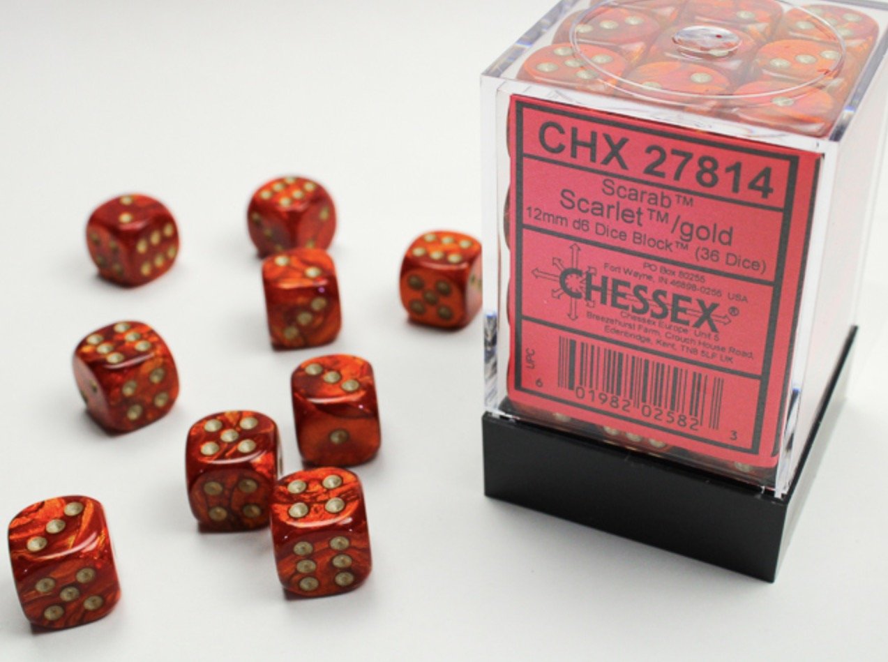 Scarab Scarlet/gold 12mm d6 Dice Block (36 dice) - Chessex