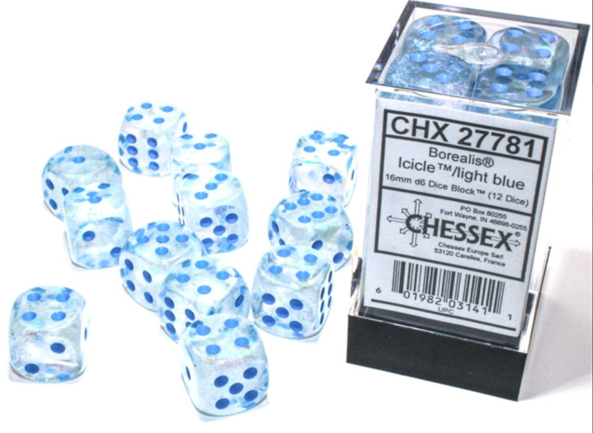 Borealis Icicle/light blue Luminary 16mm d6 Dice Block (12 dice) - Chessex