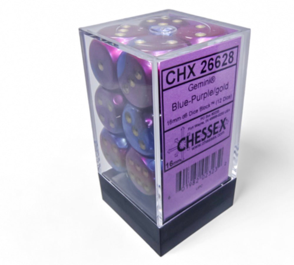 Gemini Blue-Purple/gold 16mm d6 Dice Block (12 dice) - Chessex